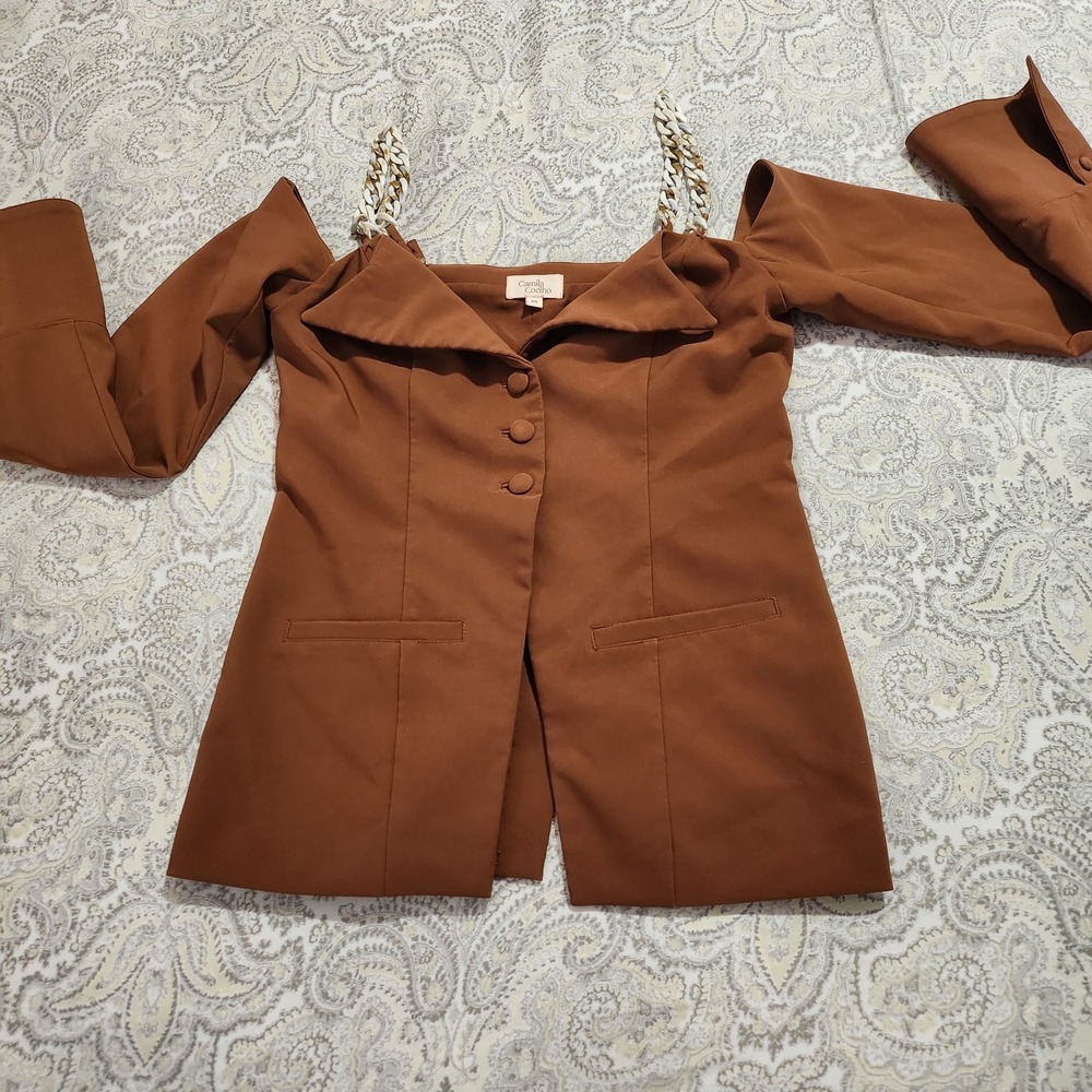 Camila Coelho Cinnamon Brown Chain Strap Off Shoulder Blazer Jacket Womens XS